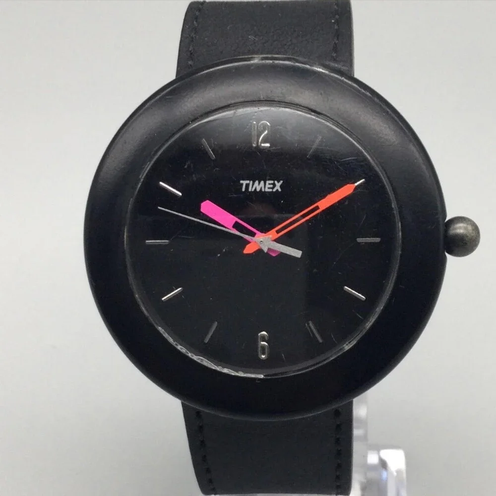 Timex Mens Watch 44mm Black Dial Black Leather Strap Neon Hands New Battery